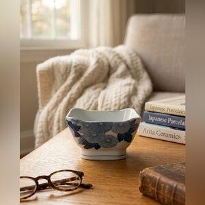 Vintage Tohmine Japanese Arita Blue & White Chrysanthemum Square Bowl